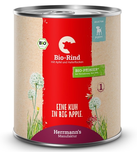 [HM012938] Herrmann's Welpen Menu Dose - Bio-Rind mit Apfel und Haferflocken - 800g Hunde Nassfutter für Welpen
