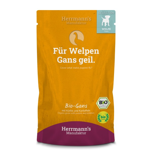 [HM007989] Herrmann's Welpen Menu Pouches - Bio-Gans mit Kürbis und Kartoffeln - 150g Hunde Nassfutter für Welpen