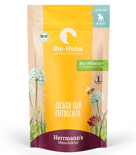 [HM004431] Herrmann's Welpen Menu Pouches - Bio-Huhn mit Reis und Fenchel  - 150g Hunde Nassfutter für Welpen