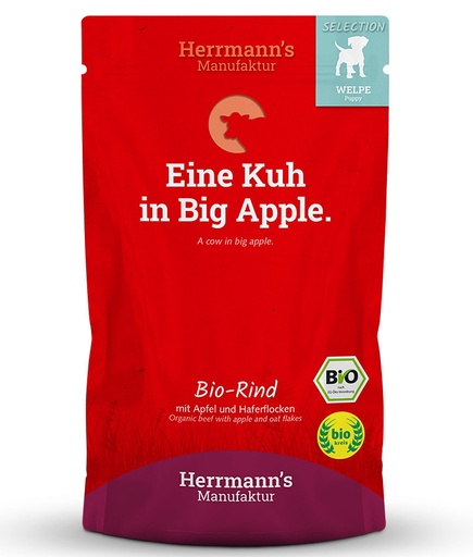 [HM008009] Herrmann's Welpen Menu Pouches - Bio-Rind mit Apfel und Haferflocken - 150g Hunde Nassfutter für Welpen