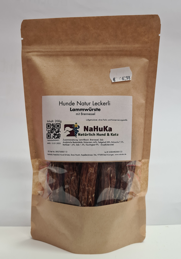 [NaHuKaSNSW01] NaHuKa Natur Leckerli - Lammwürstchen mit Brennessel 200g 