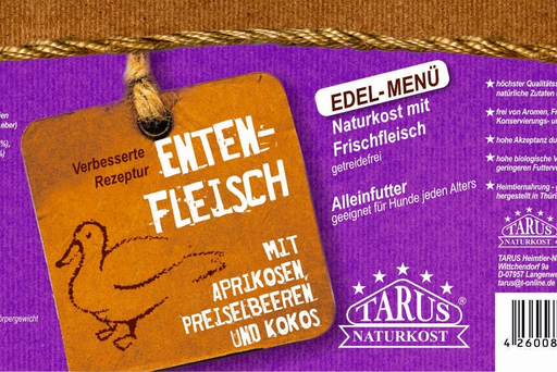 [P0008045] Tarus Naturkost Hund - Edel Menü Dose: Ente mit Aprikose 400g