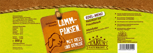 [P0008066] Tarus Naturkost Hund - Edel Menü Dose: Lammpansen mit Reis & Gemüse 800g