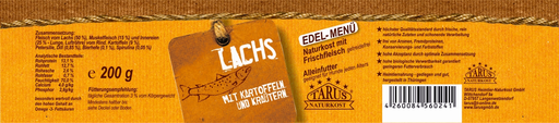 [P0008075] Tarus Naturkost Hund - Edel Menü Dose: Lachs mit Kräuterkartoffeln 200g