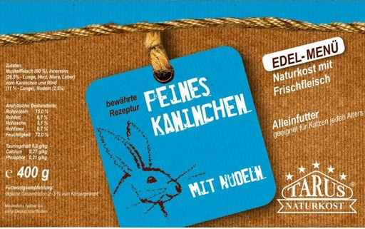 [P0008274] Tarus Naturkost Katze - Kaninchen mit Nudeln 200g - Menü für Katzen