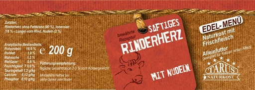 [P0008277] Tarus Naturkost Katze - Rinderherz mit Nudeln 200g - Menü für Katzen