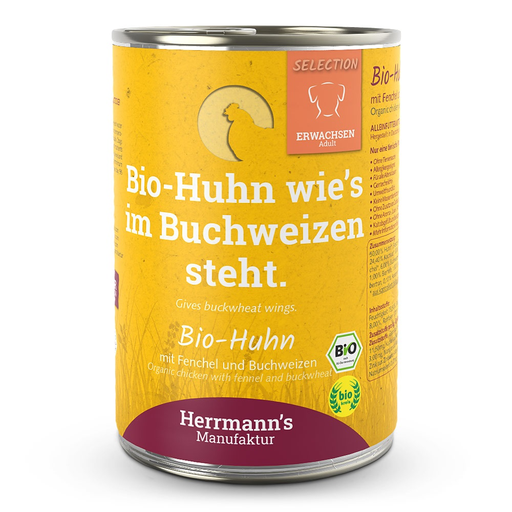 [HM006821] Herrmann's Hunde Dose - Adult Bio-Huhn mit Fenchel und Buchweizen  - 400g Hunde Nassfutter