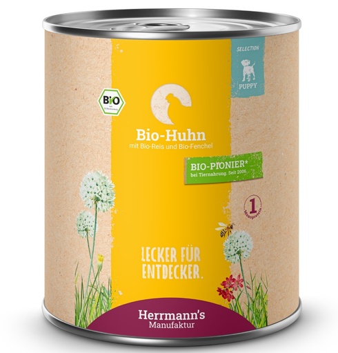 [HM004479] Herrmann's Welpen Menu Dose - Bio-Huhn mit Reis und Fenchel  - 800g Hunde Nassfutter für Welpen