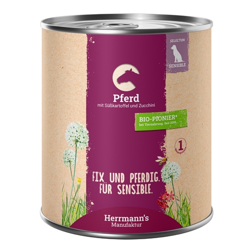 [P0008490] Herrmann's Hunde Dose - Sensible Pferd mit Süßkartoffel und Zucchini - 800g Hunde Nassfutter