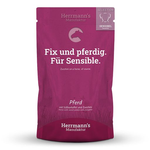 [P0008491] Herrmann's Hunde Pouches - Sensible Pferd mit Süßkartoffel und Zucchini - 150g Hunde Nassfutter
