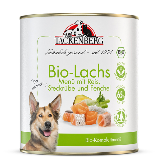 [P0008577] Tackenberg Menü Dose - BIO Lachs mit Reis & Fenchel 800g Nassfutter für Hunde