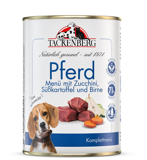 [P0008586] Tackenberg Menü Dose - Pferd mit Zucchini, Süßkartoffel und Birne 400g Nassfutter für Hunde