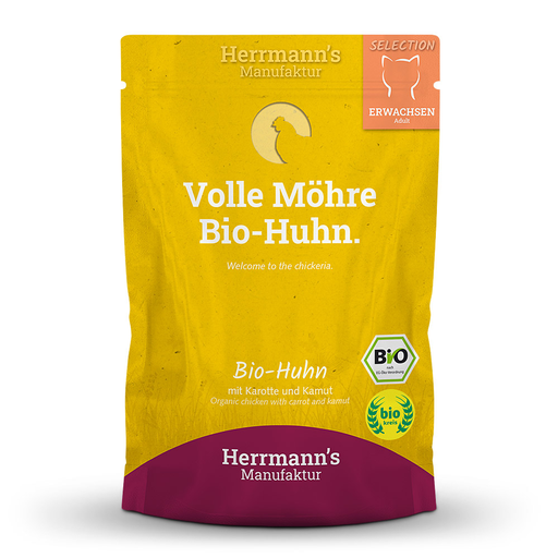 [P0008599] Herrmann's Katzen Pouches - Adult Bio-Huhn mit Karotte und Kamut 100g