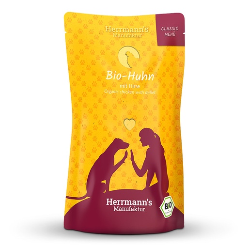 [P0008600] Herrmann's Hunde Pouches - Classic Bio-Huhn mit Hirse - 130g Hunde Nassfutter