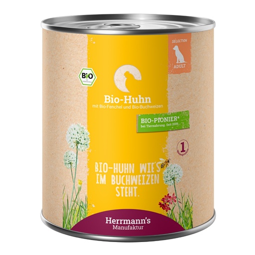 [HM006845] Herrmann's Hunde Dose - Adult Bio-Huhn mit Fenchel und Buchweizen  - 800g Hunde Nassfutter