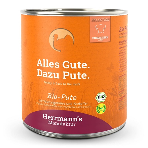 [HM006968] Herrmann's Hunde Dose - Adult Bio-Pute mit Wurzelgemüse & Kartoffel  - 800g Hunde Nassfutter