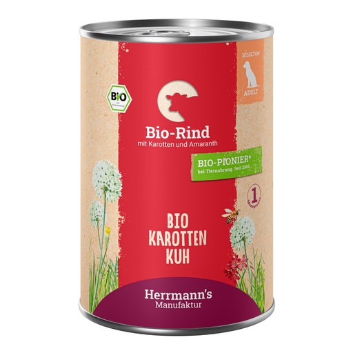 [HM006883] Herrmann's Hunde Dose - Adult Bio-Rind mit Karotten und Amaranth - 400g für Hunde Nassfutter