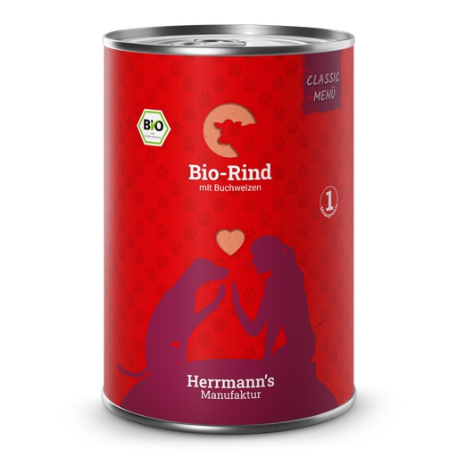 [HM020414] Herrmann's Hunde Dose - Classic Bio-Rind mit Buchweizen - 400g für Hunde Nassfutter