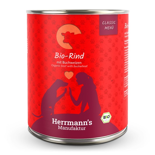 [HM800009] Herrmann's Hunde Dose - Classic Bio-Rind mit Buchweizen - 800g für Hunde Nassfutter
