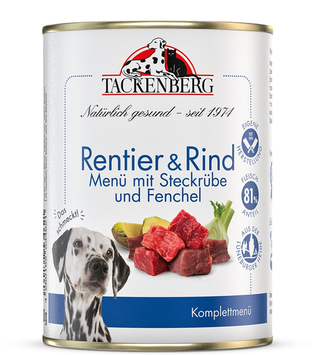 [Tb225940001] Tackenberg Menü Dose - Rentier und Rind mit Steckrübe und Fenchel 400g Nassfutter für Hunde