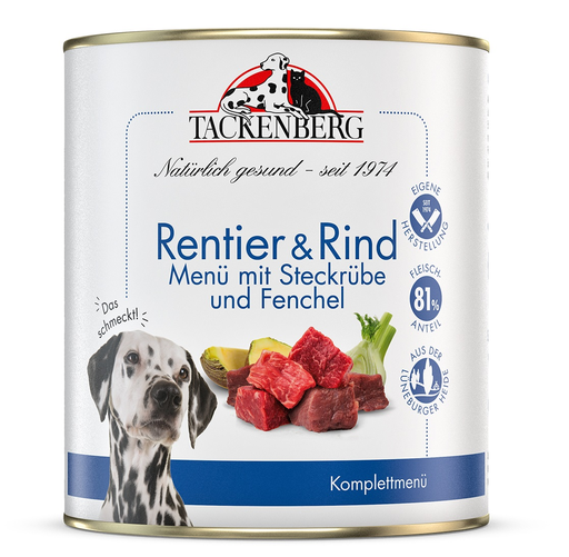 [Tb225980001] Tackenberg Menü Dose - Rentier und Rind mit Steckrübe und Fenchel 800g Nassfutter für Hunde